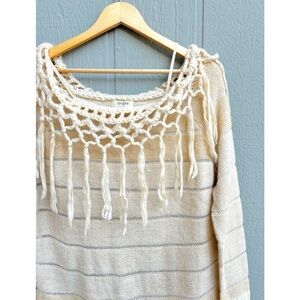 Umgee Women’s Sweater Small Off Shoulder Knit Boho Indie Tassle Cream Striped